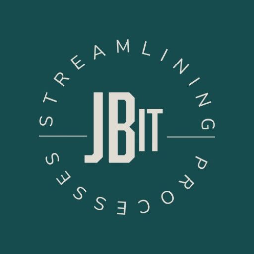 JBit IT Process integration De afbeelding toont een cirkelvormig logo met JB IT in het midden, omringd door de woorden Streamlining Processes op een donkerblauwe achtergrond.